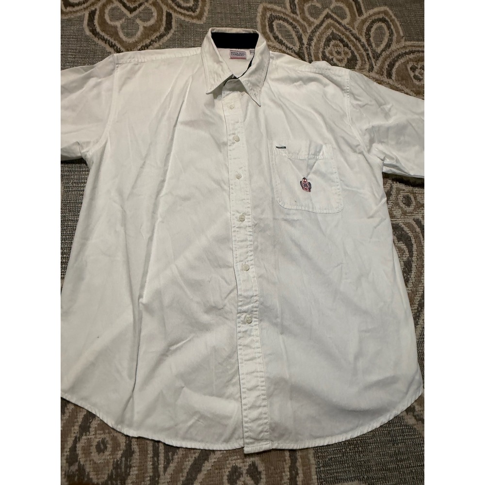 Bugle Boy Company Mens XL White Short Sleeve Button Down Crest Logo Cotton Shirt
